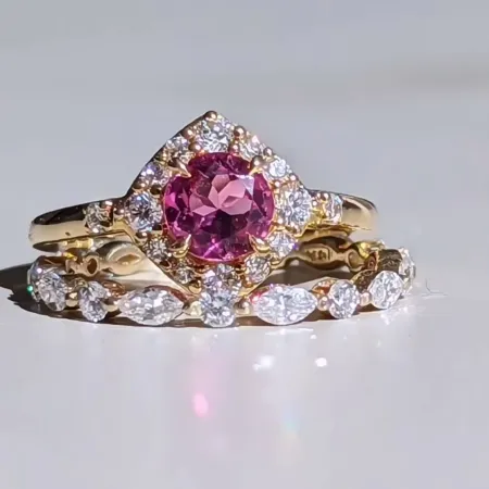 Round Cut Fancy Pink 925 Sterling Silver Yellow Gold Halo Ring Set