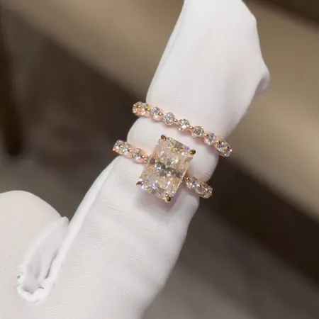Radiant Cut Diamond White Hidden Halo 925 Sterling Silver Rose Gold Ring Set