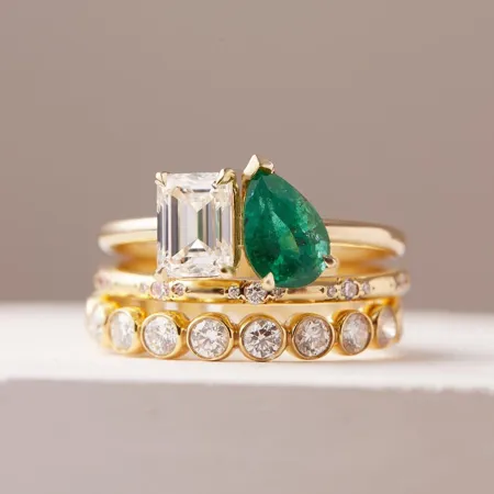 Emerald Cut Diamond White Pear Cut Emerald Green 925 Sterling Silver Yellow Gold 3-Piece Ring Set