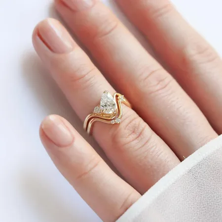 Pear Cut Diamond White 925 Sterling Silver Yellow Gold Art Deco Ring Set