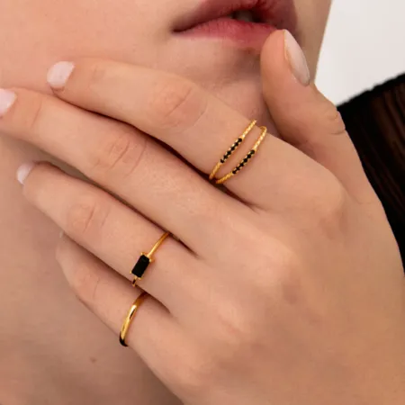 Baguette Cut Fancy Black 925 Sterling Silver Yellow Gold 4-piece Stackable Minimalist Ring Set