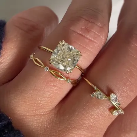 Cushion Cut Diamond White 925 Sterling Silver Yellow Gold Solitaire 3-piece Ring Set