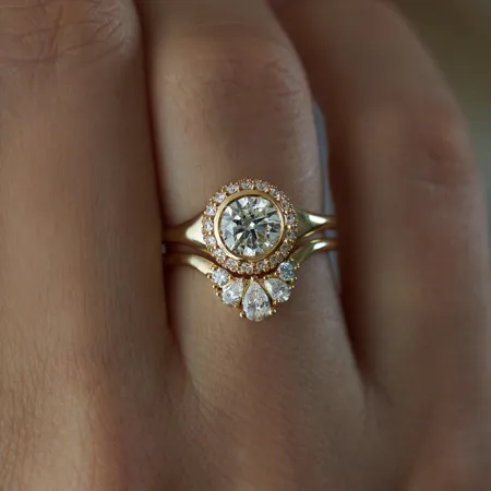 Round Cut Diamond White 925 Sterling Silver Yellow Gold Halo Art Deco Ring Set