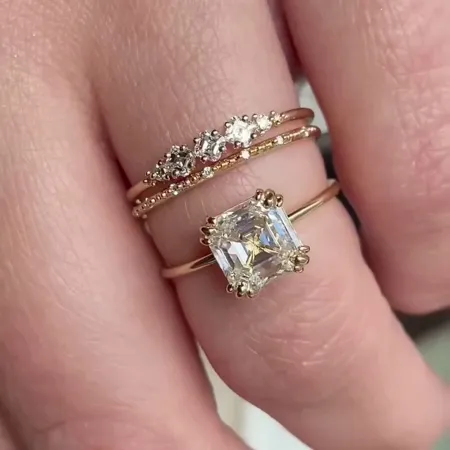 Asscher Cut Diamond White 925 Sterling Silver Yellow Gold Solitaire 3-piece Ring Set