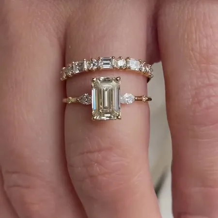 Emerald Cut Diamond White 925 Sterling Silver Yellow Gold 3-Stone Ring Set