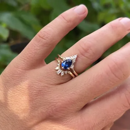 Pear Cut Sapphire Blue 925 Sterling Silver Yellow Gold Art Deco Ring Set