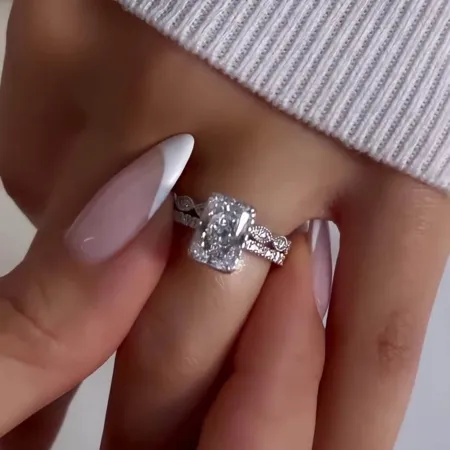 Radiant Diamond White Sterling Silver Halo Ring Set