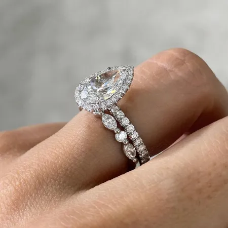 Pear Cut Diamond White Sterling Silver Halo Ring Set