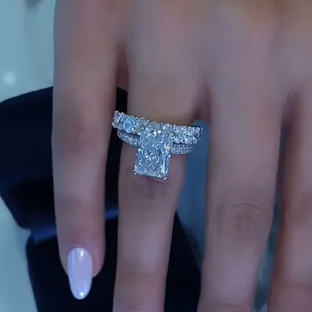 Radiant Cut Diamond White Sterling Silver Ring Set