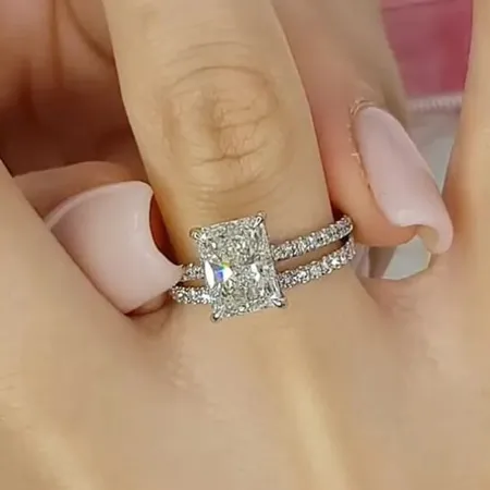 Radiant Cut Diamond White Sterling Silver Halo Ring Set