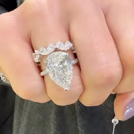 Pear Cut Diamond White Sterling Silver Art Deco Ring Set