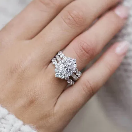 Oval Cut Diamond White Sterling Silver 3-Piece Halo Ring Set