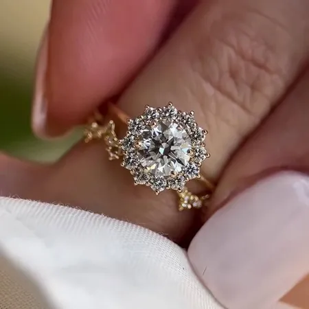 Round Cut Diamond White Sterling Silver Yellow Gold Halo Bridal Sets