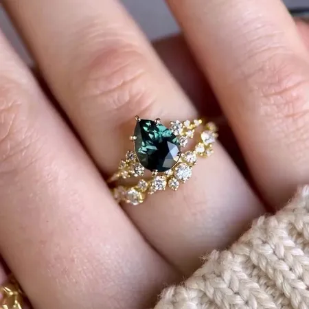 Pear Cut Emerald Green Sterling Silver Yellow Gold Bridal Sets