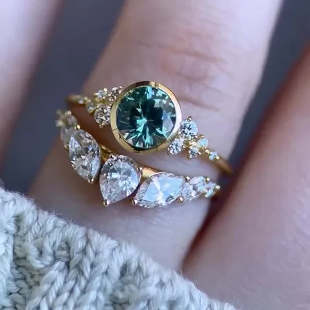 Round Cut Emerald Green Sterling Silver Yellow Gold Bridal Sets