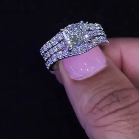 Princess Cut Diamond White Sterling Silver Insert Wedding Ring Set