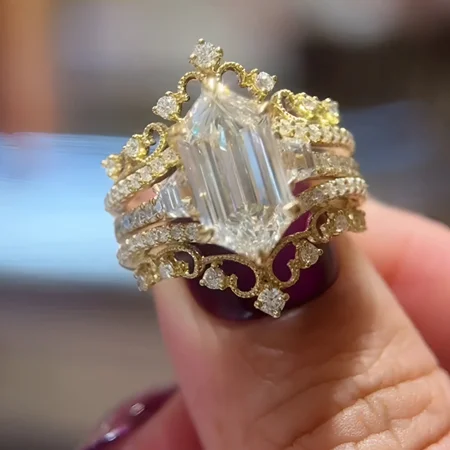 Hexagonal Cut Diamond White 925 Sterling Silver Yellow Gold Art Deco Jacket Ring