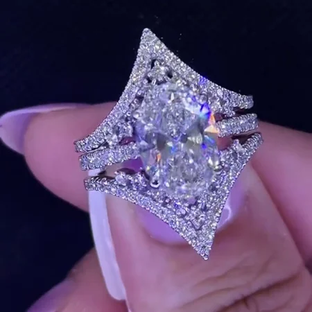 Oval Cut Diamond White 925 Sterling Silver Hidden Halo Jacket Ring