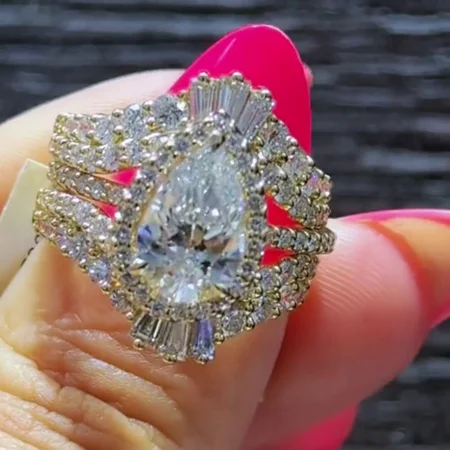Pear Cut Diamond White 925 Sterling Yellow Gold Halo Jacket Ring