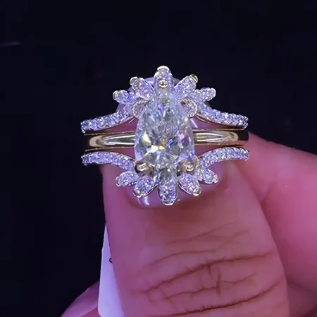 Pear Cut Diamond White 925 Sterling Silver Yellow Gold Jacket Ring