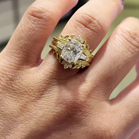 Cushion Cut Diamond White 925 Sterling Silver Yellow Gold Art Deco Jacket Ring