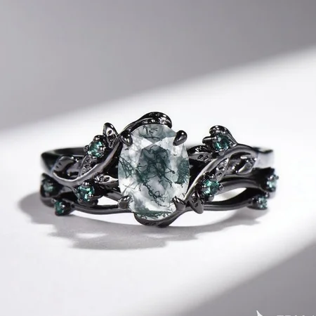 Oval Cut Green Moss Agate Nature Inspired Black Sterling Silver Bridal Ring Set