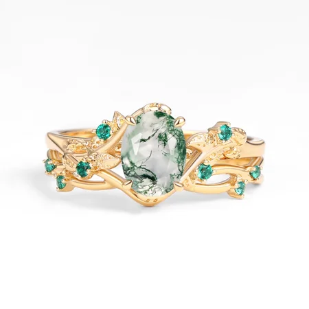 Oval Cut Green Moss Agate Nature Inspired Yellow Gold Sterling Silver Bridal Ring Set