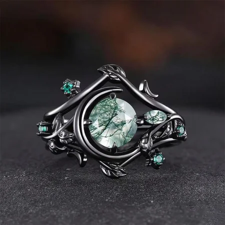 Round Cut Green Moss Agate Nature Inspired Black Sterling Silver Bridal Ring Set