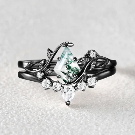 Kite Cut Green Moss Agate Nature Inspired Black Sterling Silver Bridal Ring Set