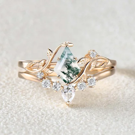 Kite Cut Green Moss Agate Nature Inspired Yellow Gold Sterling Silver Bridal Ring Set