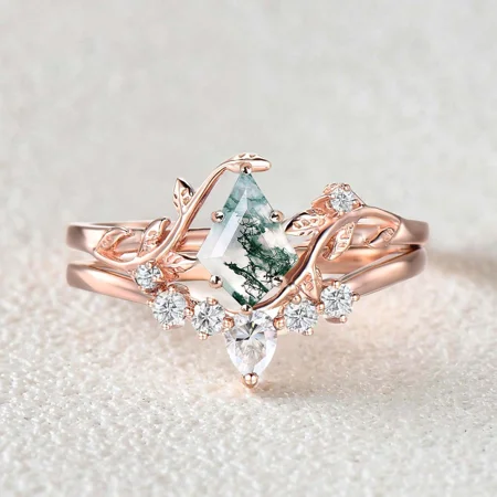 Kite Cut Green Moss Agate Nature Inspired Rose Gold Sterling Silver Bridal Ring Set