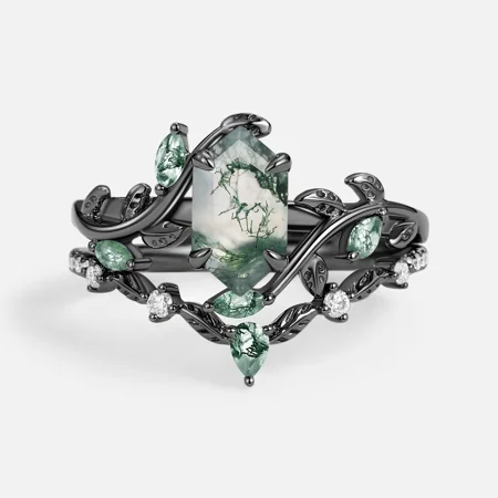 Hexagonal Cut Green Moss Agate Nature Inspired Black Sterling Silver Bridal Ring Set