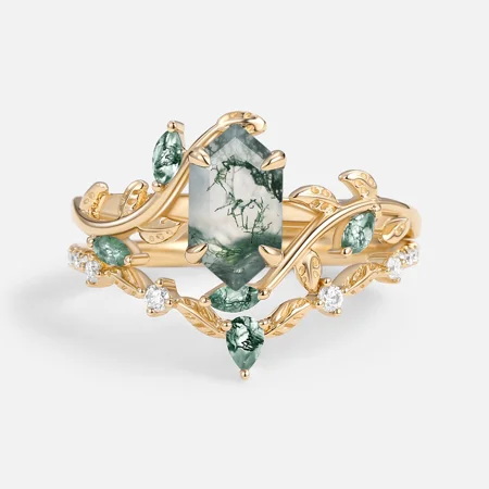 Hexagonal Cut Green Moss Agate Nature Inspired Yellow Gold Sterling Silver Bridal Ring Set