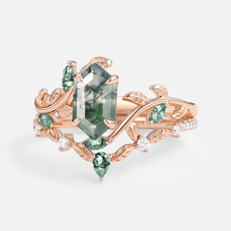 Hexagonal Cut Green Moss Agate Nature Inspired Rose Gold Sterling Silver Bridal Ring Set
