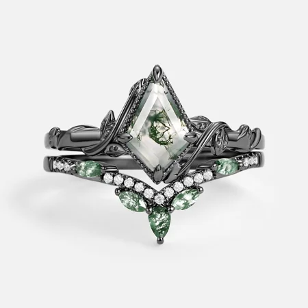 Kite Cut Green Moss Agate Nature Inspired Black Sterling Silver Bridal Ring Set