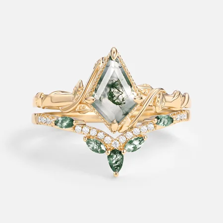 Kite Cut Green Moss Agate Nature Inspired Yellow Gold Sterling Silver Bridal Ring Set