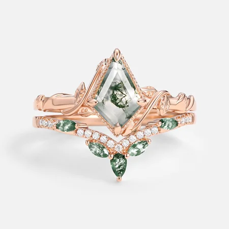 Kite Cut Green Moss Agate Nature Inspired Rose Gold Sterling Silver Bridal Ring Set
