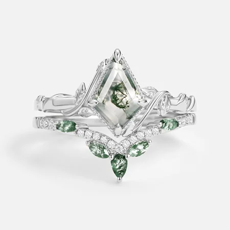 Kite Cut Green Moss Agate Nature Inspired Sterling Silver Bridal Ring Set