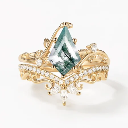 Kite Cut Green Moss Agate Nature Inspired Yellow Gold Sterling Silver Bridal Ring Set