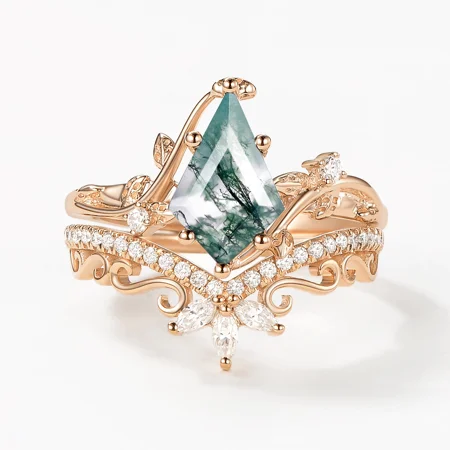 Kite Cut Green Moss Agate Nature Inspired Rose Gold Sterling Silver Bridal Ring Set