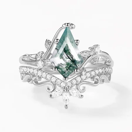 Kite Cut Green Moss Agate Nature Inspired Sterling Silver Bridal Ring Set