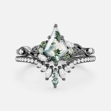 Kite Cut Green Moss Agate Nature Inspired Black Sterling Silver Bridal Ring Set