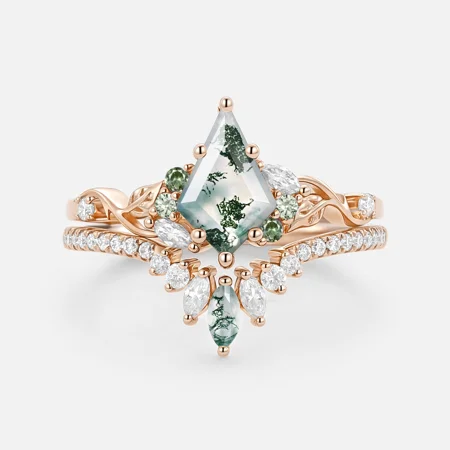 Kite Cut Green Moss Agate Nature Inspired Rose Gold Sterling Silver Bridal Ring Set