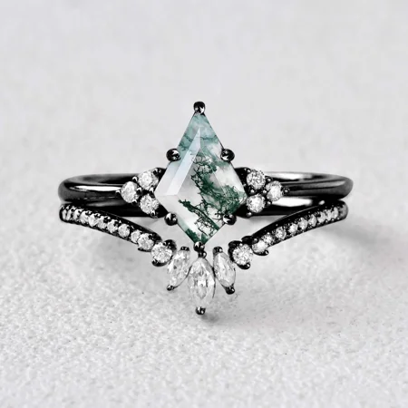 Kite Cut Green Moss Agate Nature Inspired Black Sterling Silver Bridal Ring Set