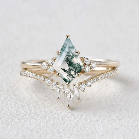 Kite Cut Green Moss Agate Nature Inspired Yellow Gold Sterling Silver Bridal Ring Set
