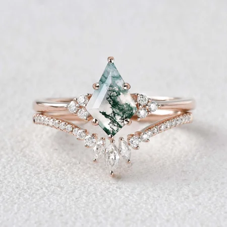 Kite Cut Green Moss Agate Nature Inspired Rose Gold Sterling Silver Bridal Ring Set