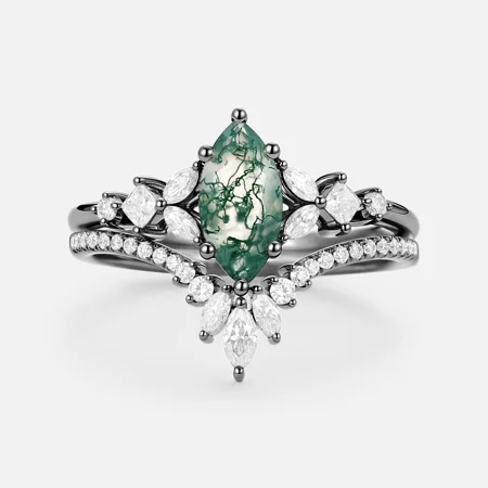 Marquise Cut Green Moss Agate Nature Inspired Black Sterling Silver Bridal Ring Set