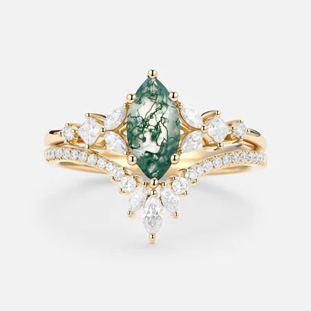 Marquise Cut Green Moss Agate Nature Inspired Yellow Gold Sterling Silver Bridal Ring Set