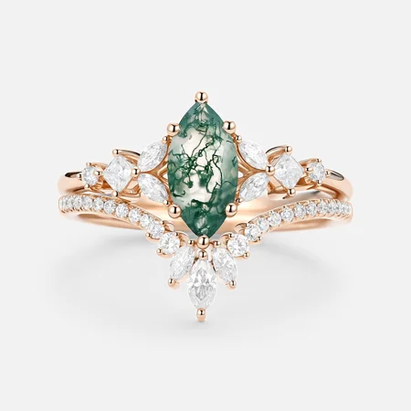 Marquise Cut Green Moss Agate Nature Inspired Rose Gold Sterling Silver Bridal Ring Set