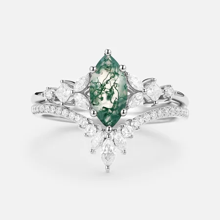Marquise Cut Green Moss Agate Nature Inspired Sterling Silver Bridal Ring Set